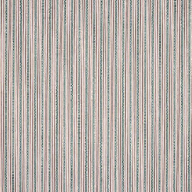 Vertical fine stripes in cream, red and forest green on a textured woven fabric