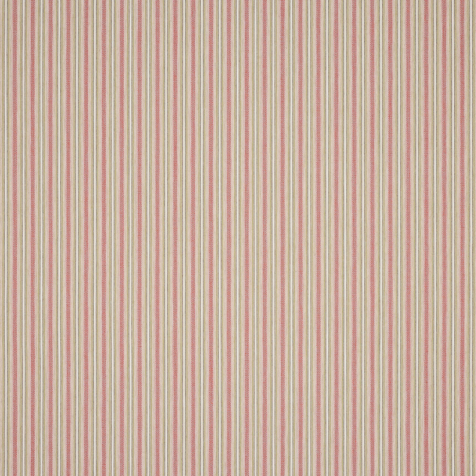Cream fabric swatch with narrow tomato pink and olive vertical stripes