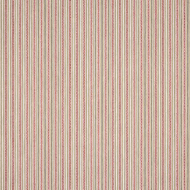 Cream fabric swatch with narrow tomato pink and olive vertical stripes