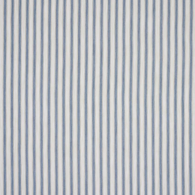 Vertical narrow blue and ivory striped fabric with a softly textured weave