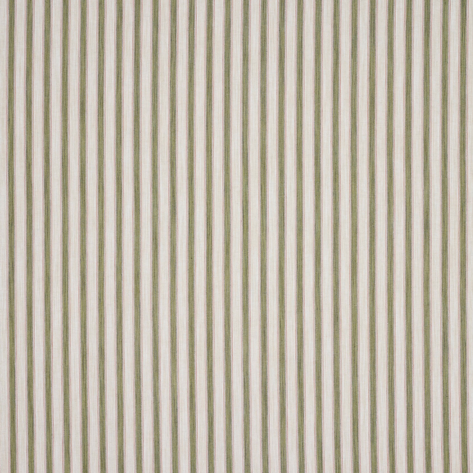 Vertical olive green and cream pinstripes on a textured woven fabric