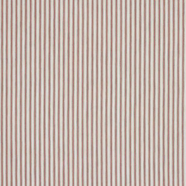 Narrow tomato-red and cream vertical stripe fabric with a soft woven texture