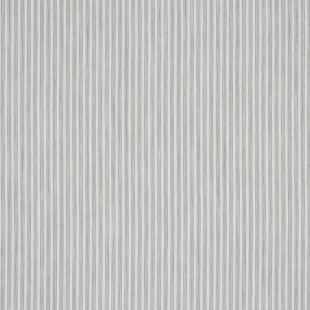 Fine pale blue and cream vertical striped fabric swatch with a neat woven texture