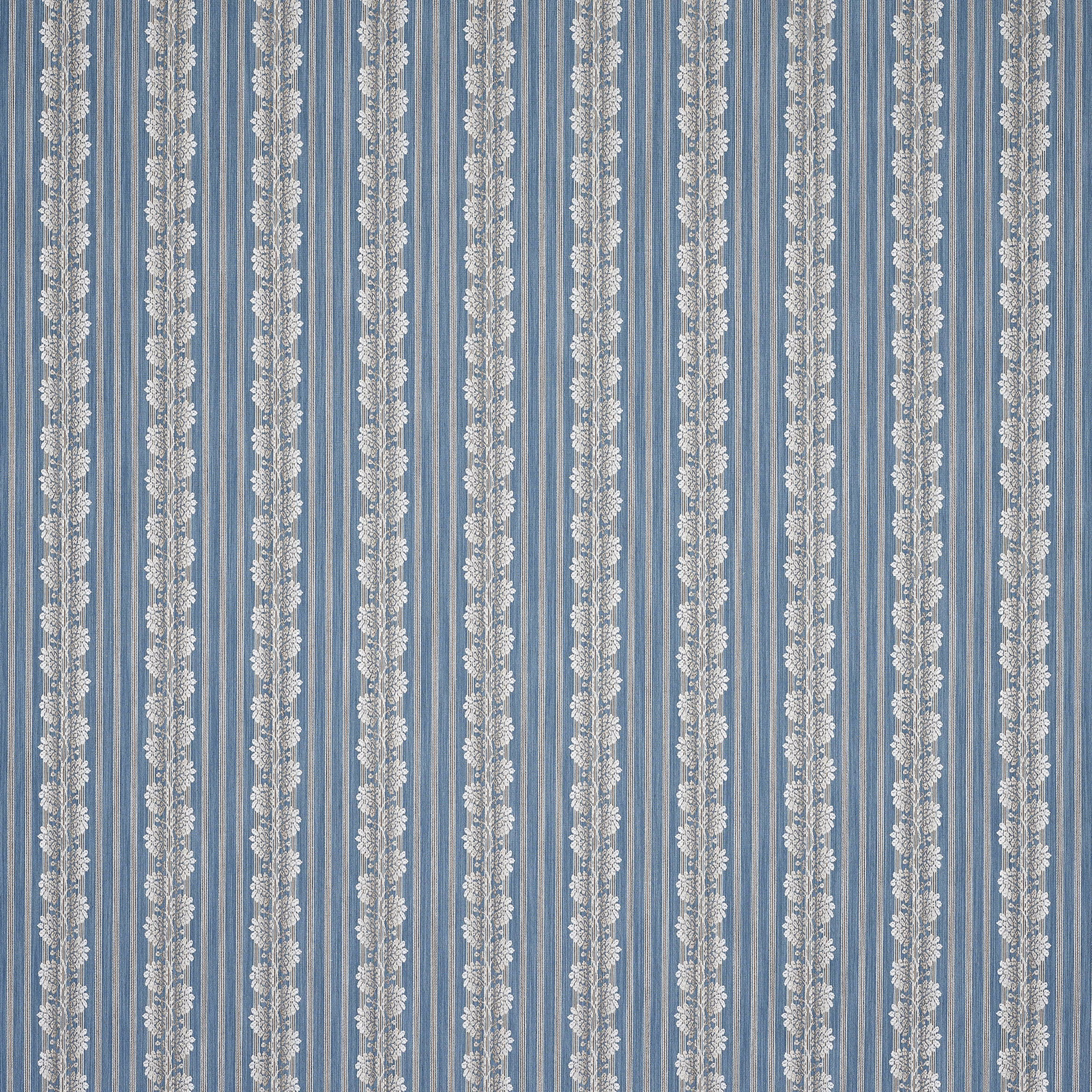 Soft dusty blue vertical stripe fabric with pale decorative floral bands
