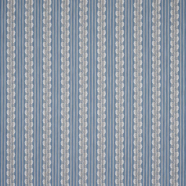 Soft dusty blue vertical stripe fabric with pale decorative floral bands