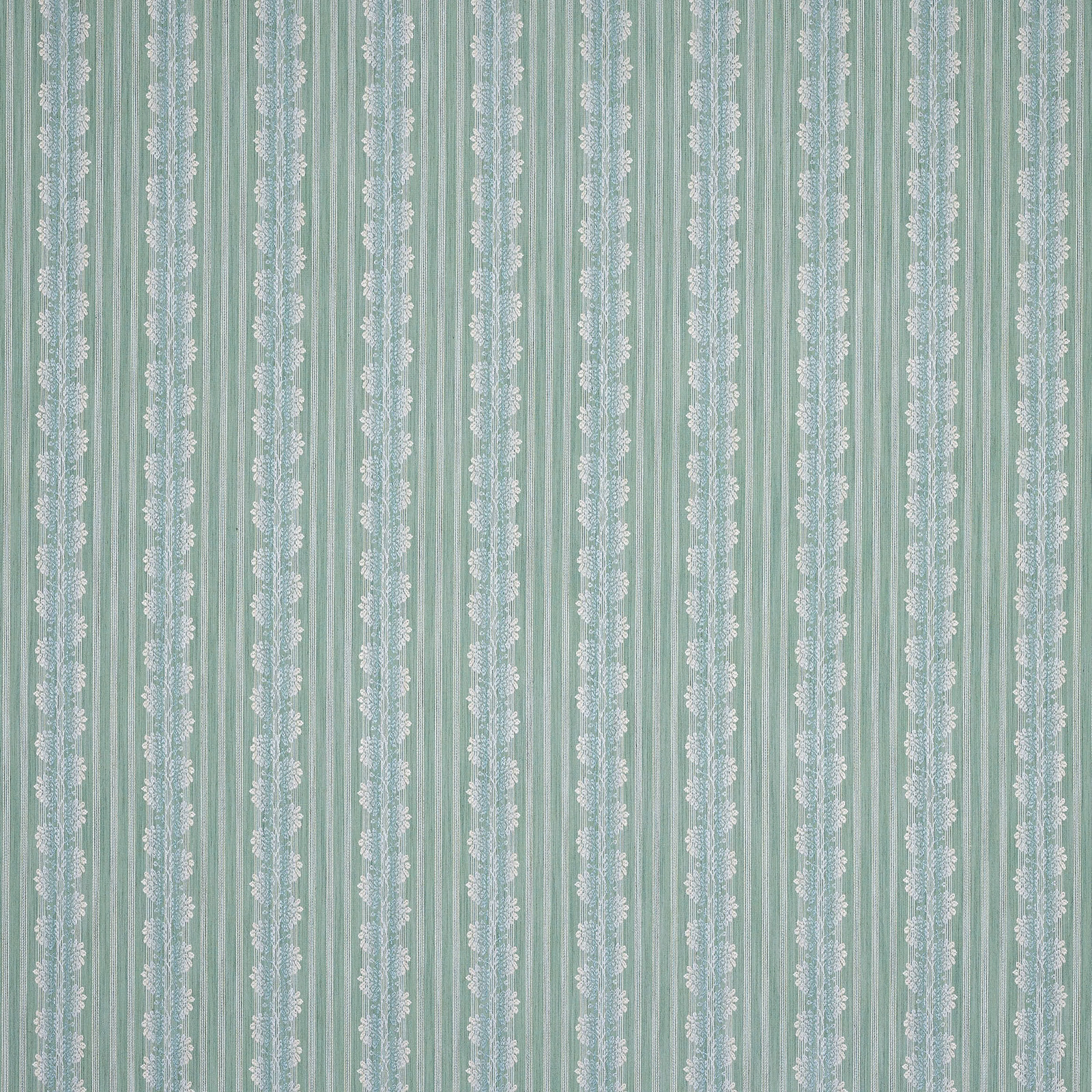 Celadon green vertical striped fabric with pale floral trailing bands