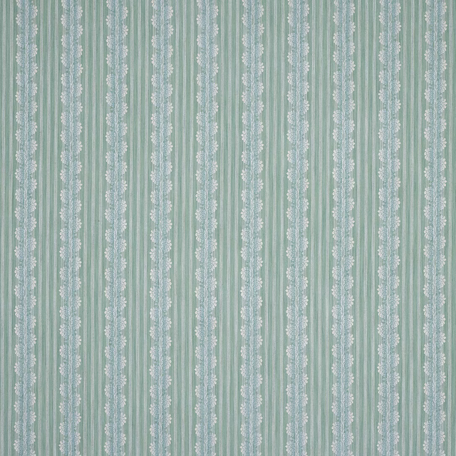 Celadon green vertical striped fabric with pale floral trailing bands