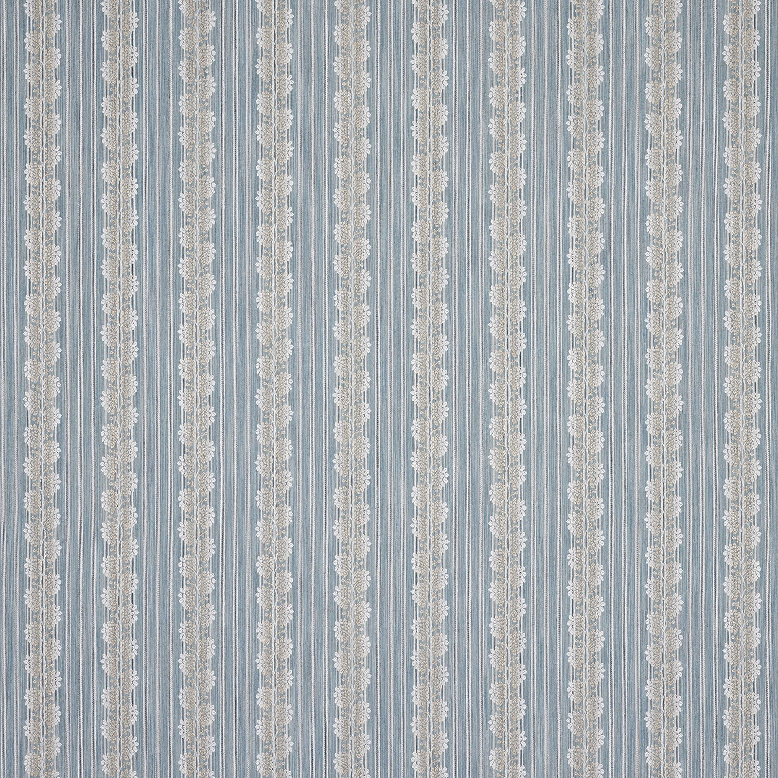 Soft dusty blue striped fabric with vertical ivory floral bands