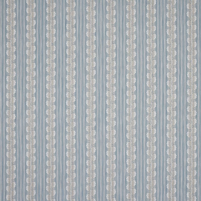 Soft dusty blue striped fabric with vertical ivory floral bands