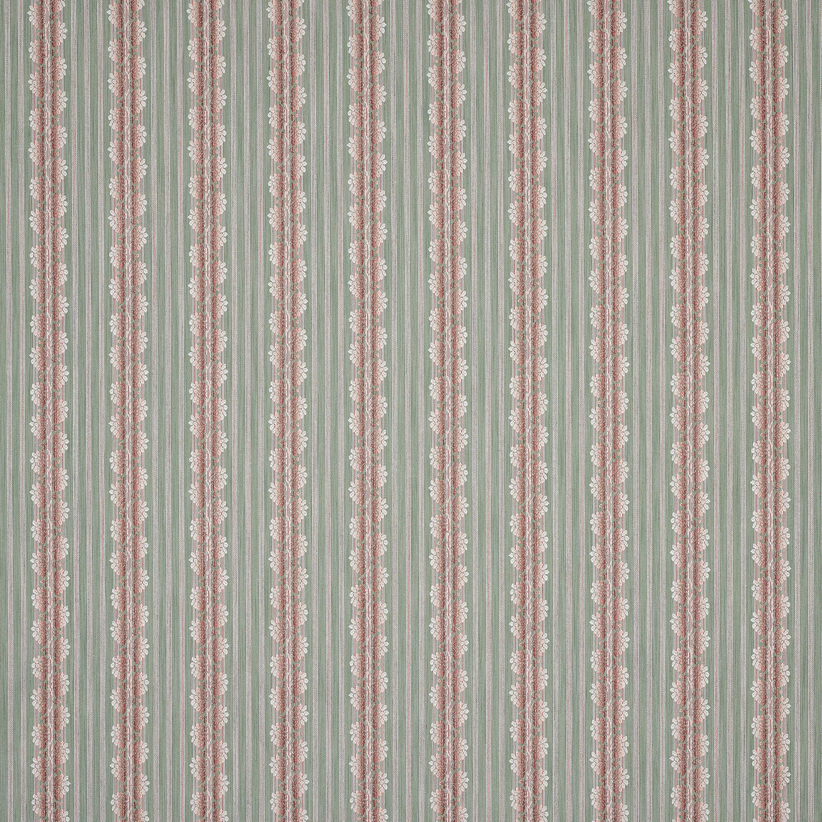Vertical pale green stripes with narrow blush pink bands and a softly textured weave