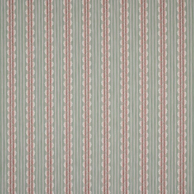 Vertical pale green stripes with narrow blush pink bands and a softly textured weave