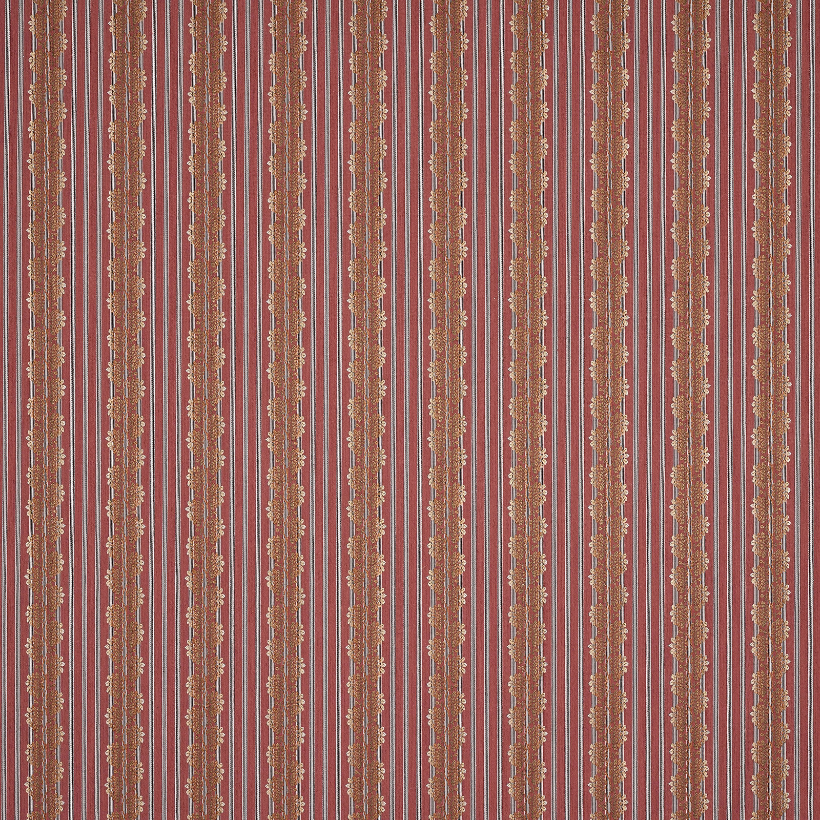 Red striped fabric swatch with narrow cream lines and decorative vertical bands