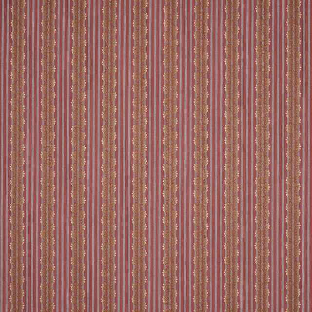 Red striped fabric swatch with narrow cream lines and decorative vertical bands