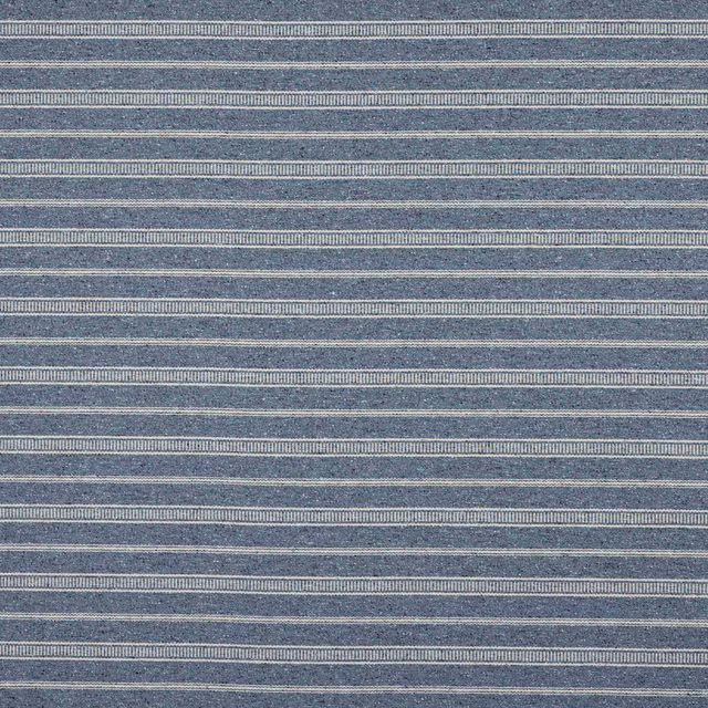 Muted blue striped woven fabric with narrow pale bands and slubby texture