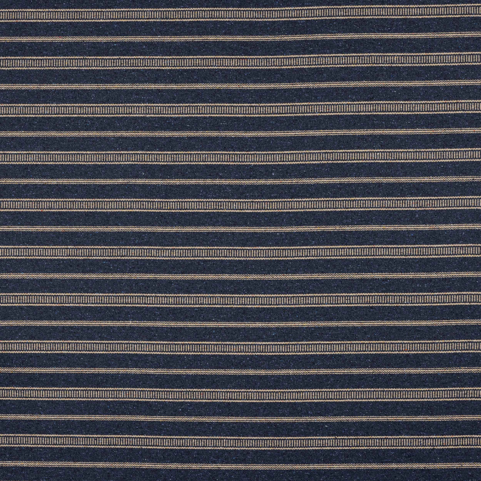 Navy woven stripe fabric with fine cream bands and textured surface