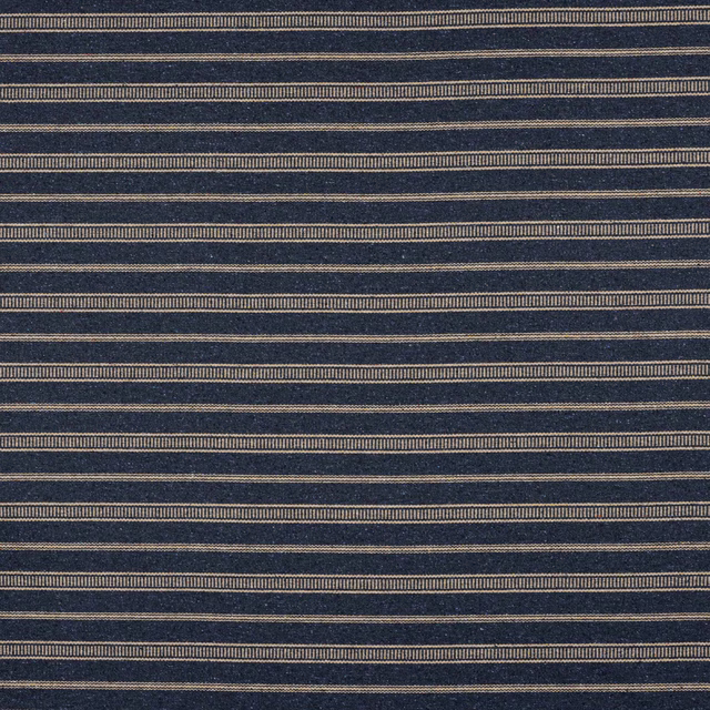 Navy woven stripe fabric with fine cream bands and textured surface