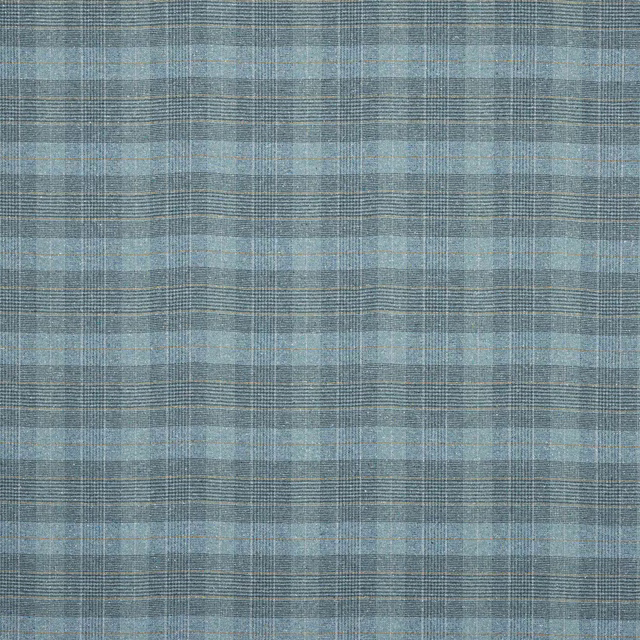 Blue-grey plaid fabric with fine woven texture and soft brushed look