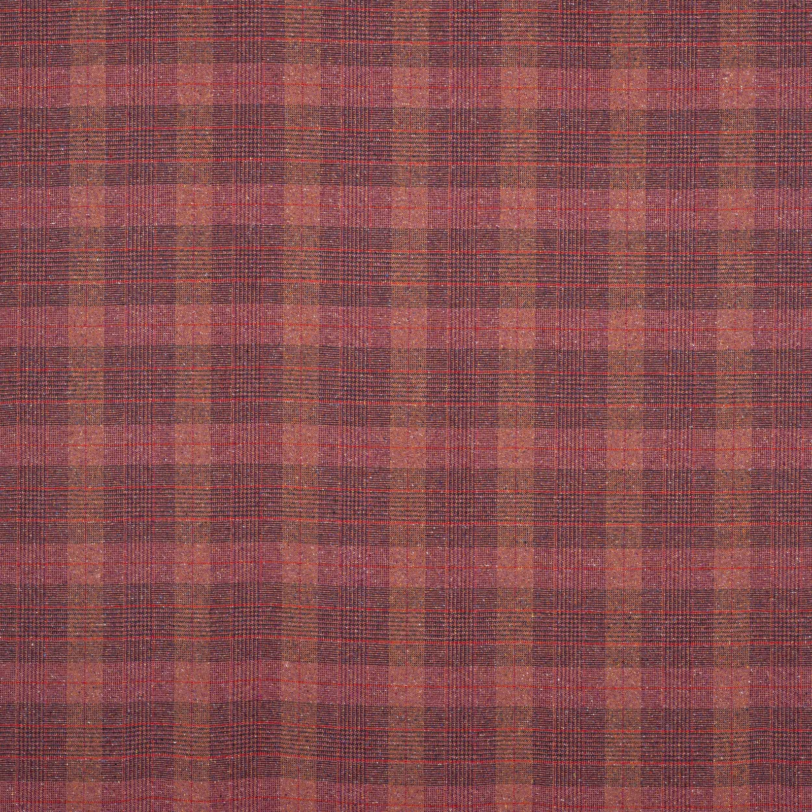 Muted red tartan plaid fabric with berry, plum and rust tones