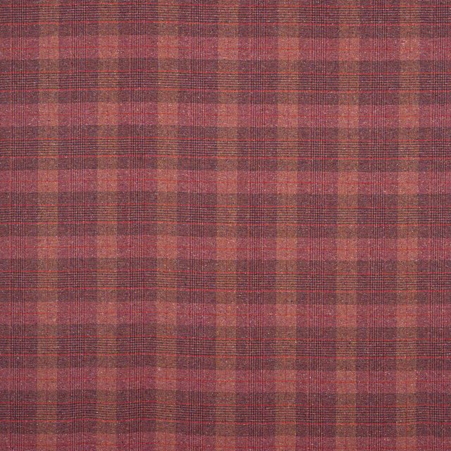 Muted red tartan plaid fabric with berry, plum and rust tones