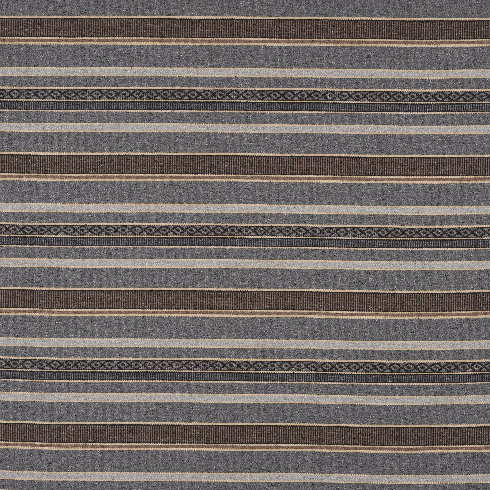 Grey striped woven fabric with blue-grey bands and narrow decorative borders