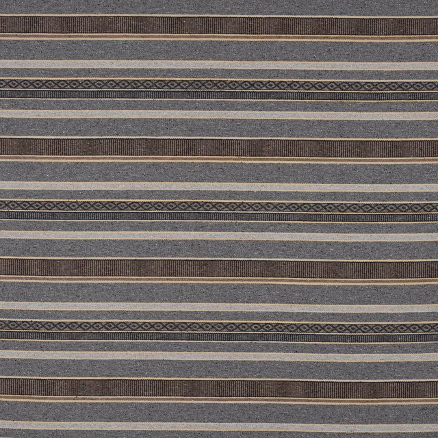 Grey striped woven fabric with blue-grey bands and narrow decorative borders