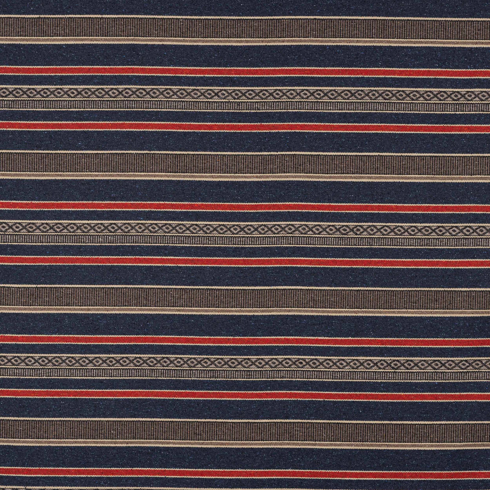 Navy striped fabric swatch with red accents and narrow geometric bands
