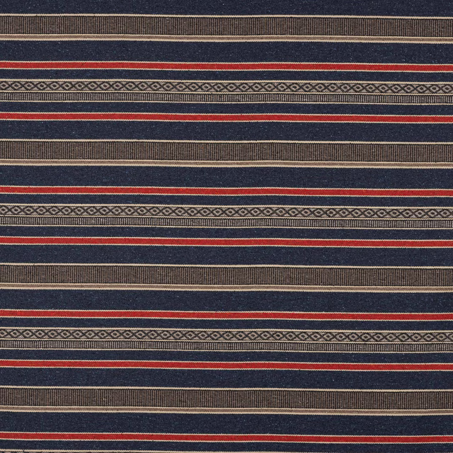 Navy striped fabric swatch with red accents and narrow geometric bands