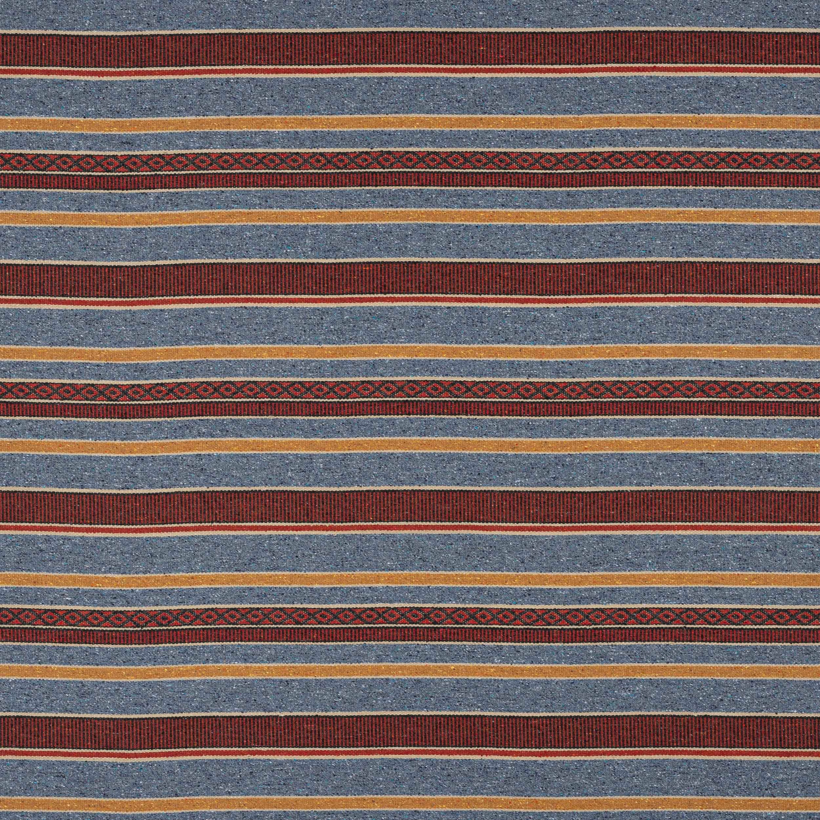 Blue and red striped woven fabric with narrow decorative bands