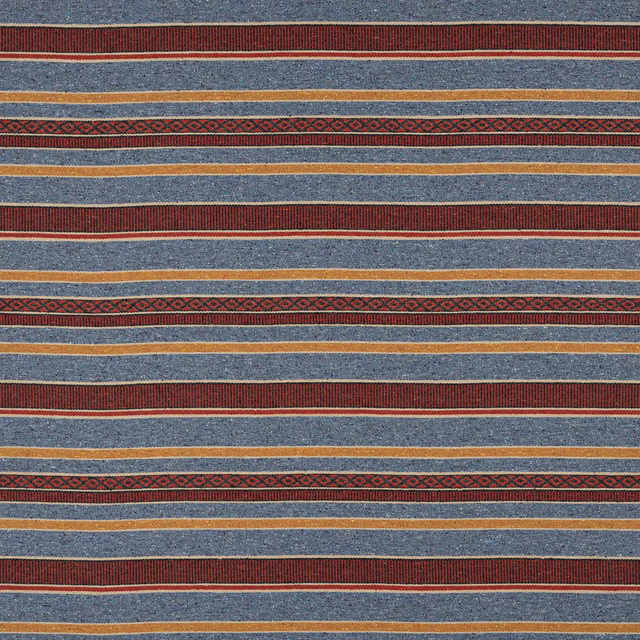 Blue and red striped woven fabric with narrow decorative bands