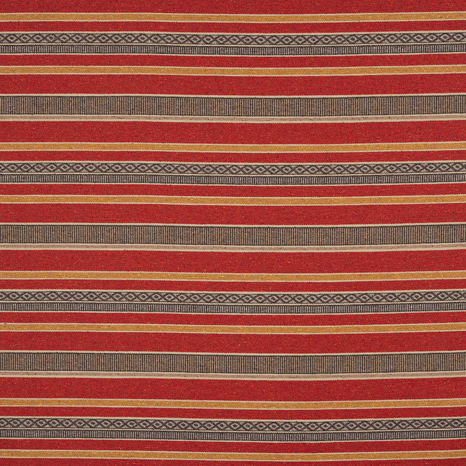 Red striped woven fabric swatch with taupe bands and geometric border detail
