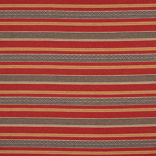 Red striped woven fabric swatch with taupe bands and geometric border detail