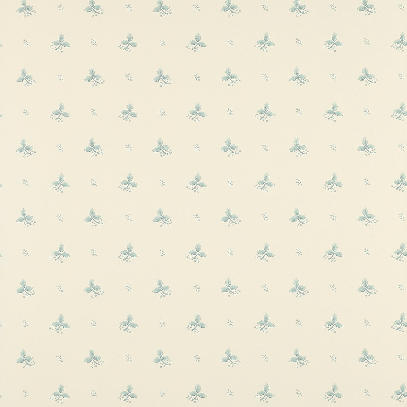 Cream wallpaper with small misty aqua botanical sprigs and scattered delicate marks