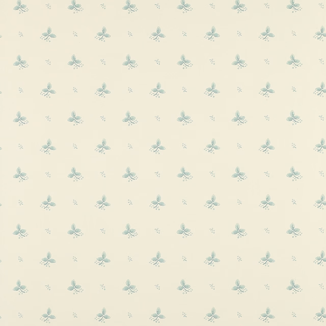 Cream wallpaper with small misty aqua botanical sprigs and scattered delicate marks