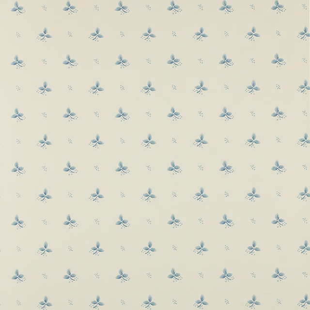 Pale blue-grey floral sprigs and tiny dots on an ivory wallpaper ground