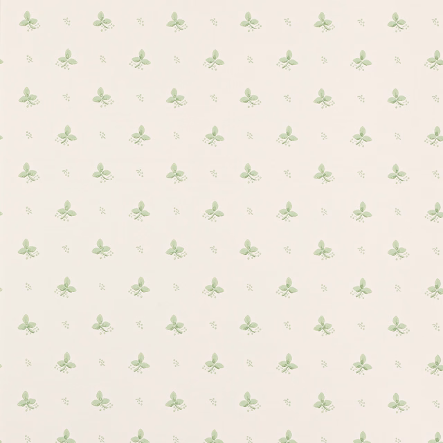 Pale sage three-leaf sprigs and tiny flecks on a warm cream wallpaper ground