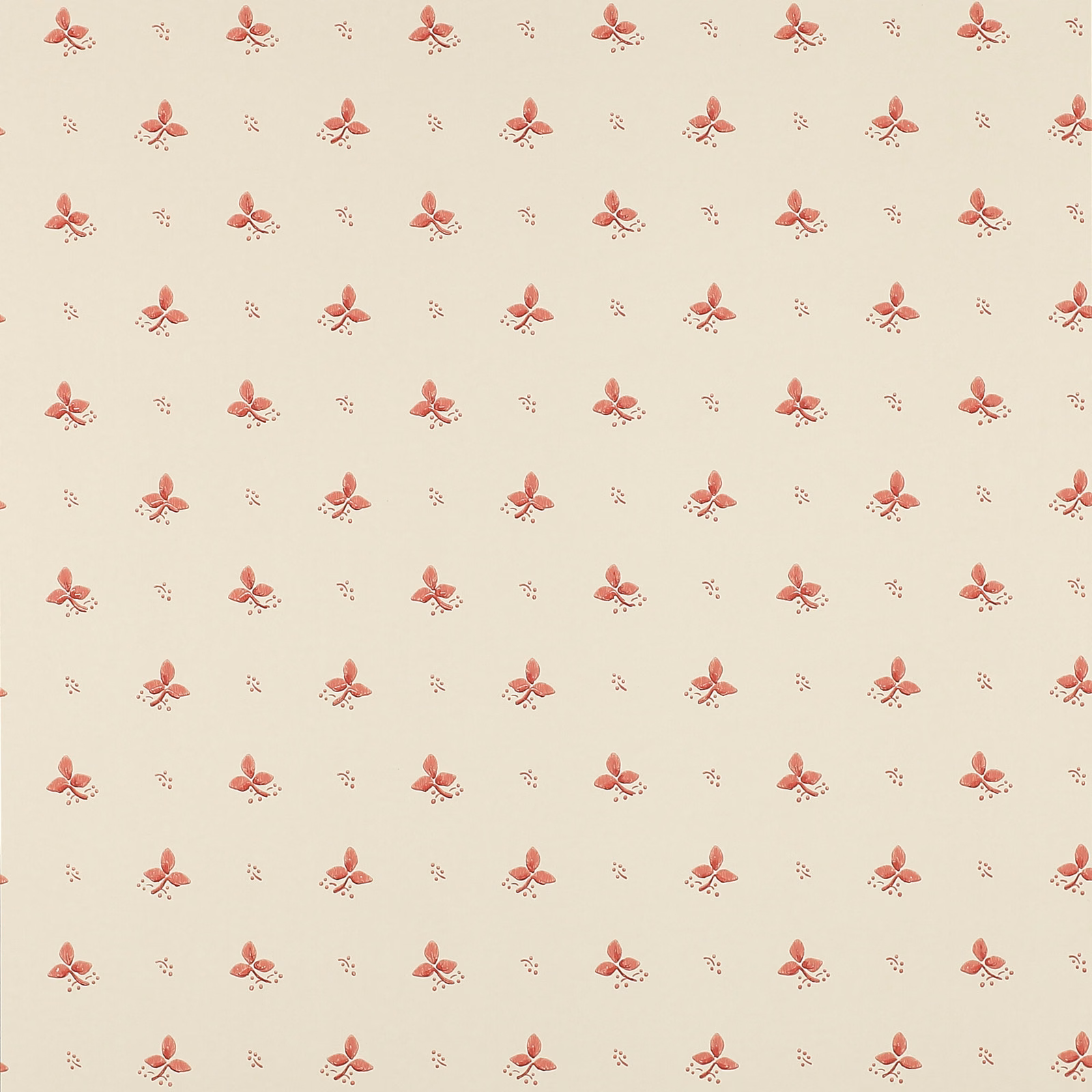 Warm ivory wallpaper with evenly spaced dusty rose floral sprigs and tiny dotted motifs