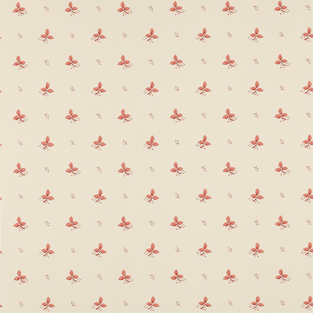 Warm ivory wallpaper with evenly spaced dusty rose floral sprigs and tiny dotted motifs