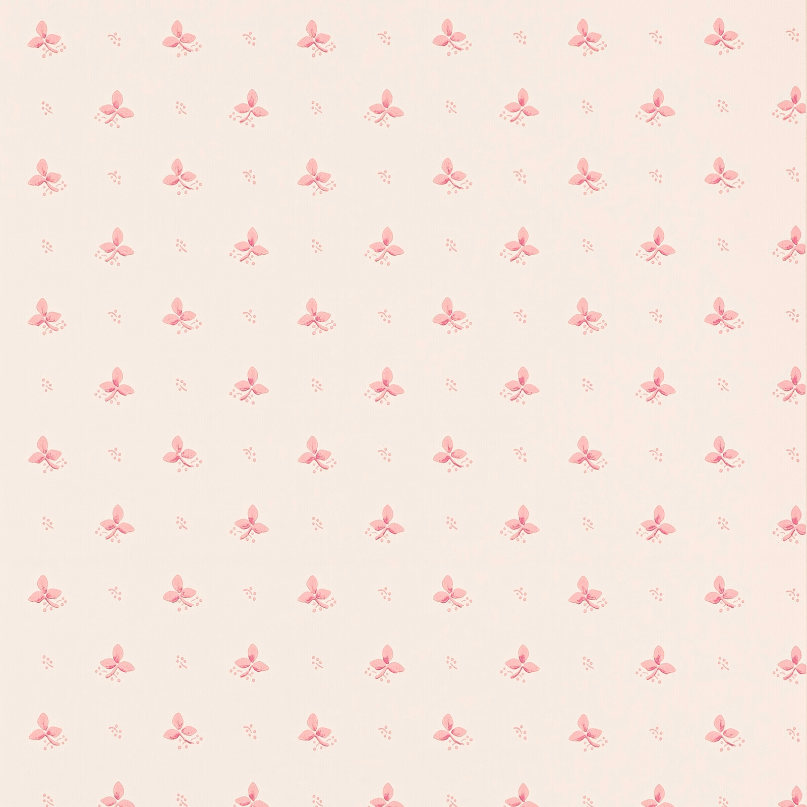 Ivory wallpaper with soft raspberry floral sprigs and tiny dotted accents