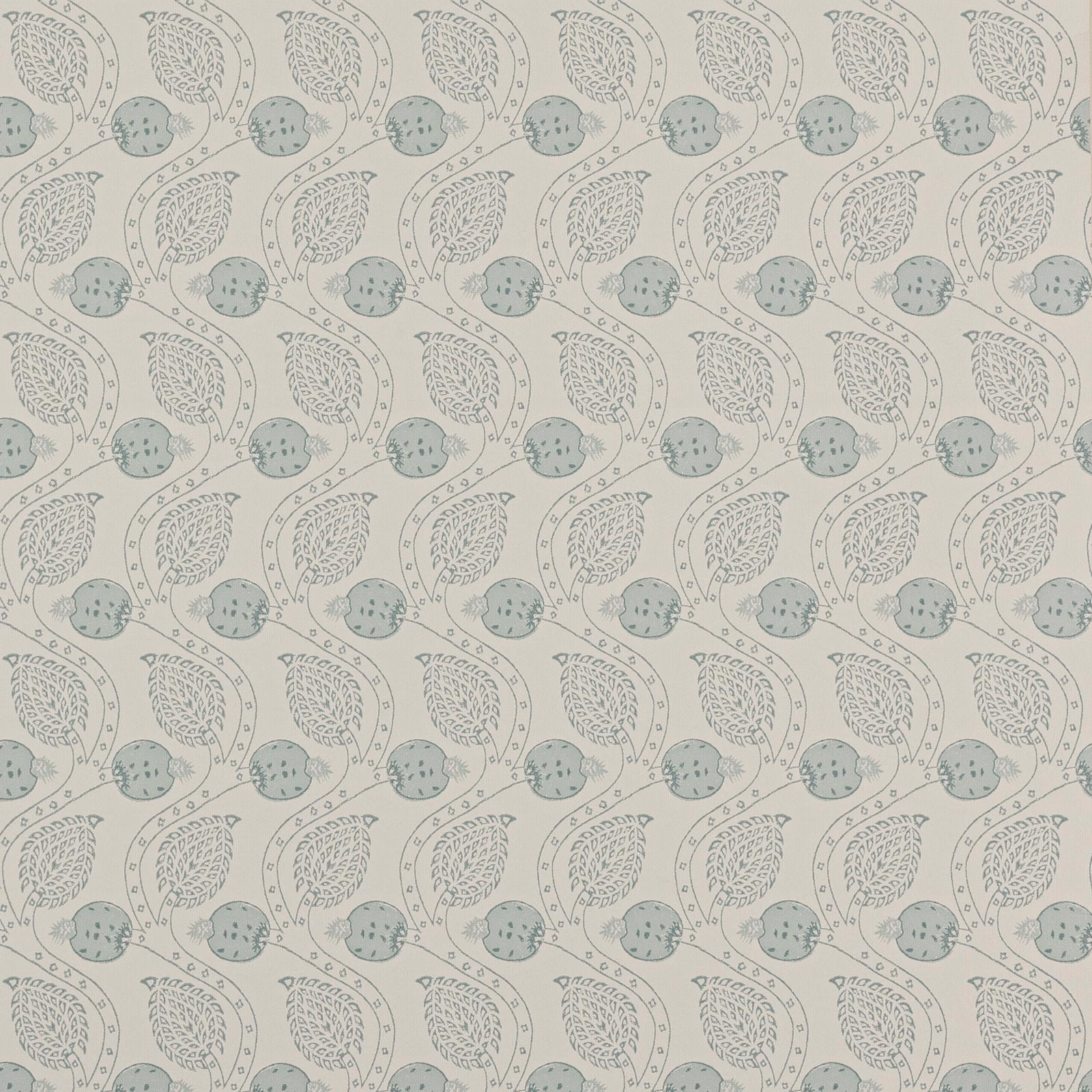 Pale aqua wallpaper with dotted botanical leaves and rounded berry motifs