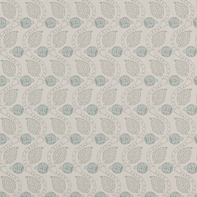 Pale aqua wallpaper with dotted botanical leaves and rounded berry motifs