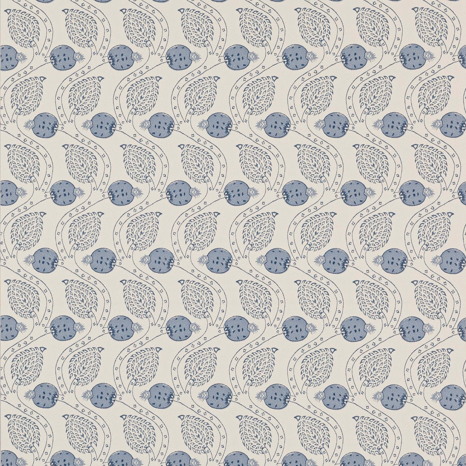 Cream paper wallpaper with blue-grey leaves, berries and trailing botanical sprigs