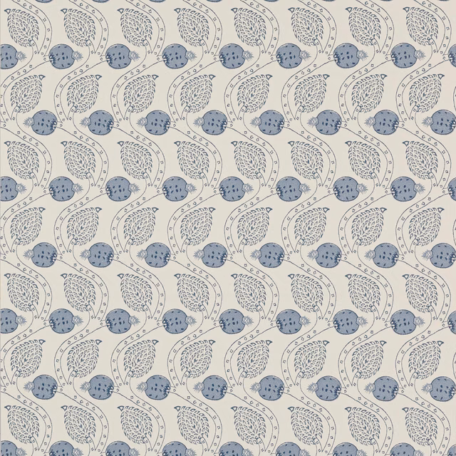 Cream paper wallpaper with blue-grey leaves, berries and trailing botanical sprigs