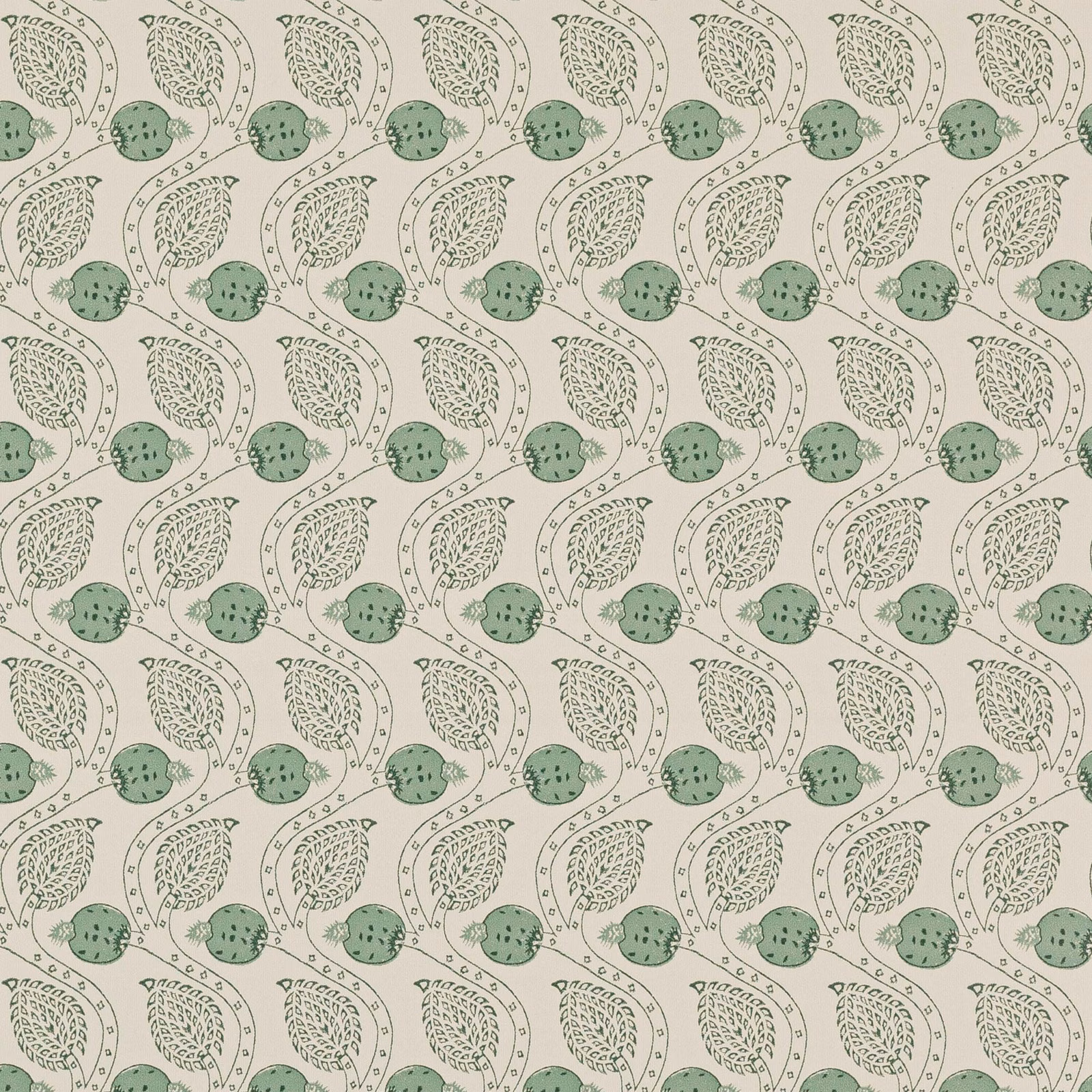 Cream wallpaper with repeating sage leaves, dotted berries and curling botanical stems