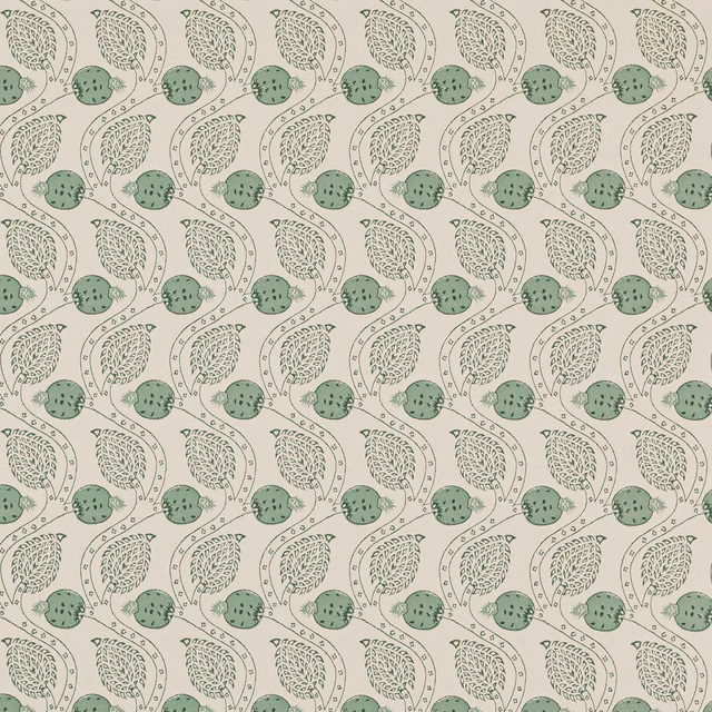 Cream wallpaper with repeating sage leaves, dotted berries and curling botanical stems