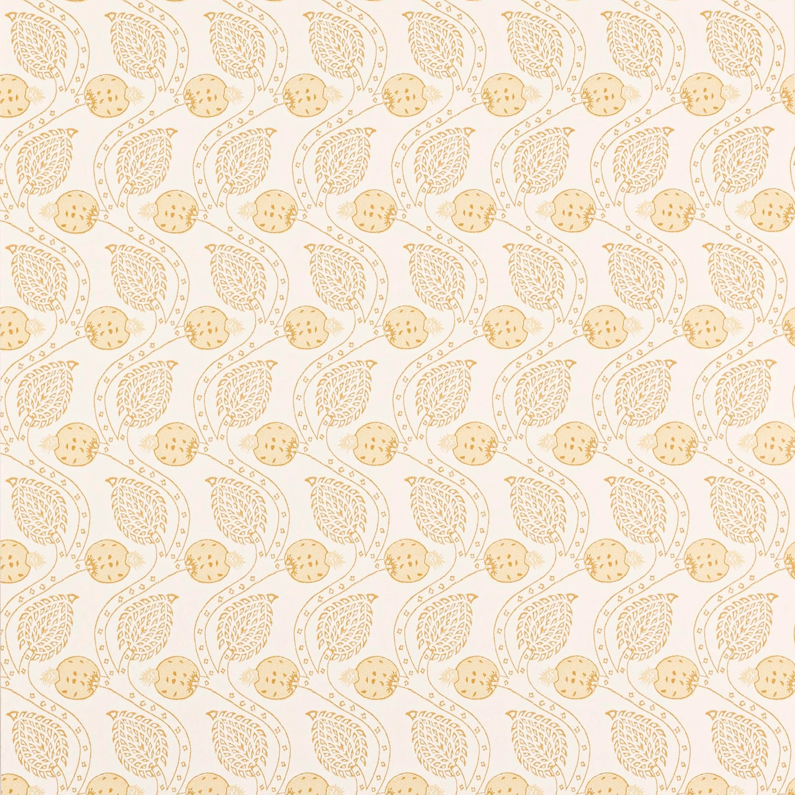 Cream wallpaper with repeating warm gold leaves, seed pods and dotted botanical stems