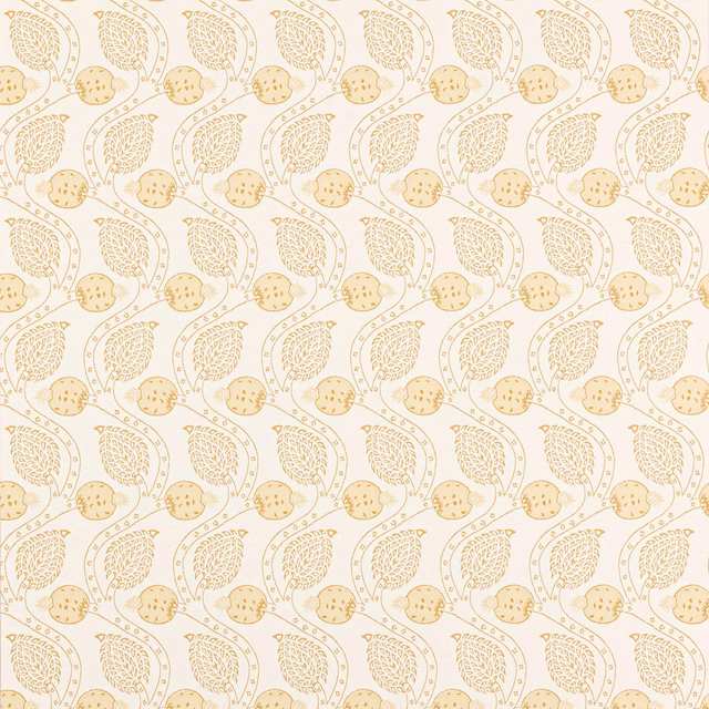 Cream wallpaper with repeating warm gold leaves, seed pods and dotted botanical stems