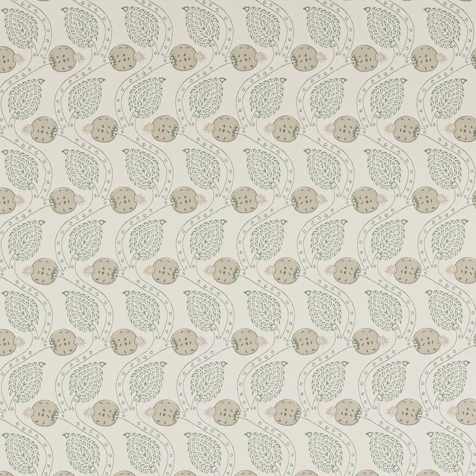 Warm ivory wallpaper with sage leaf sprigs and taupe dotted seed heads