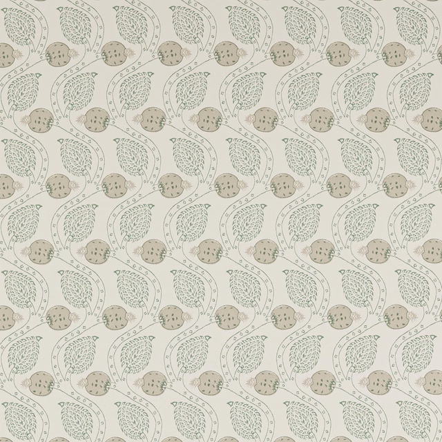 Warm ivory wallpaper with sage leaf sprigs and taupe dotted seed heads