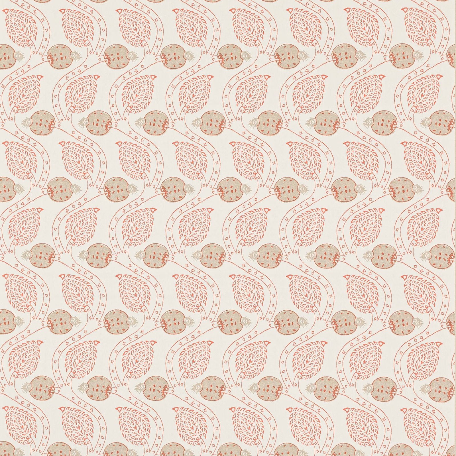 Cream wallpaper with muted tomato-red leaves, seed pods and fine winding stems