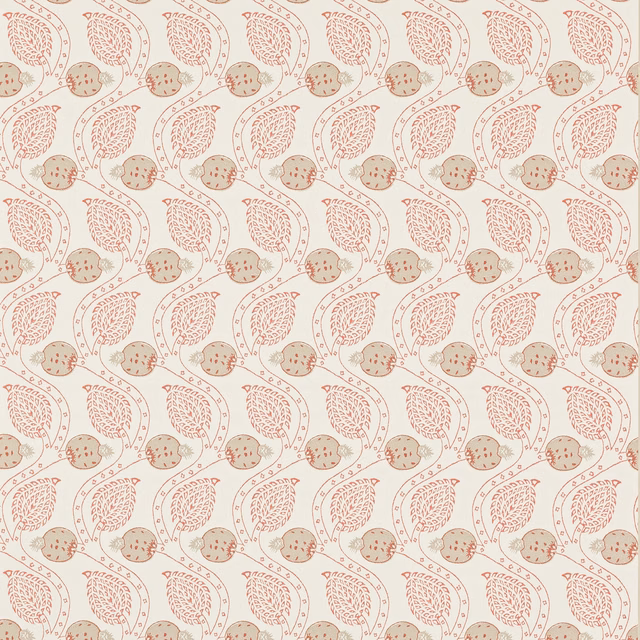 Cream wallpaper with muted tomato-red leaves, seed pods and fine winding stems